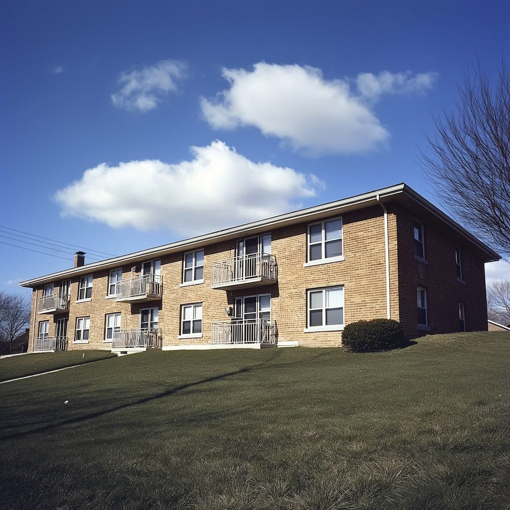 Brick apartment building with balconies on a sloped grassy lawn under a clear blue sky with scattered clouds.