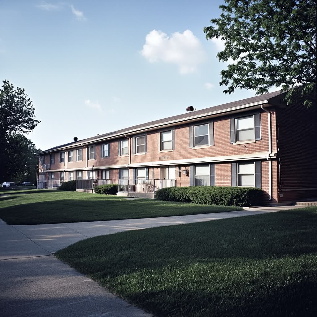 Two-story brick apartment building with manicured bushes and a well-maintained lawn on a sunny day.